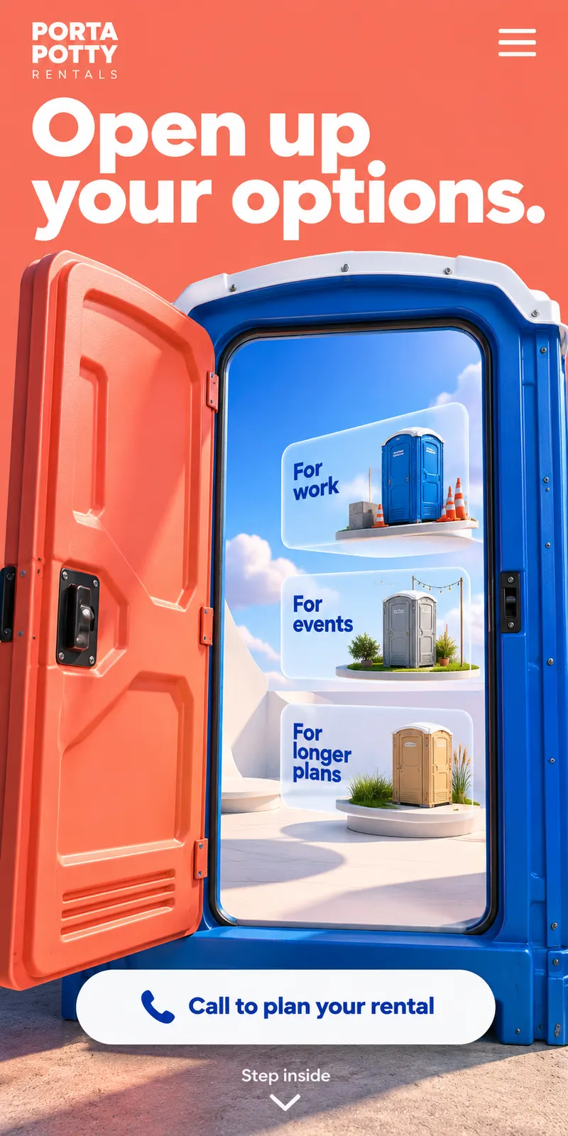 Open portable toilet door framing illustrated work, event and extended-rental scenes